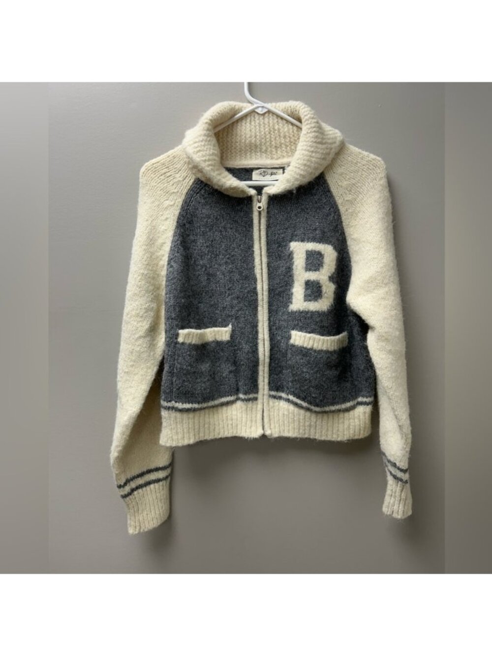 RD Style Conscious Cream & Grey Varsity Zip-Up Knit Cardigan‎